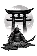 samurai resting infront of japanese gate tattoo design idea