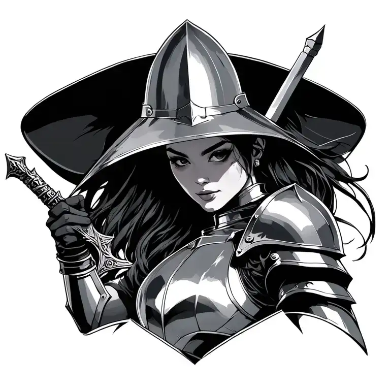 The female warrior was in a sleek iron armor, one hand holding the sword and the other hand hugged the iron hat tattoo design idea