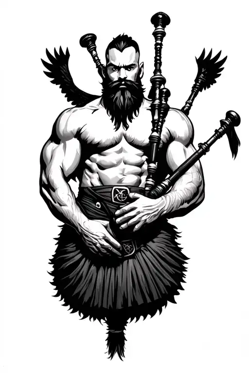 muscular bagpiper bald black beard black big wings on his back tattoo design idea