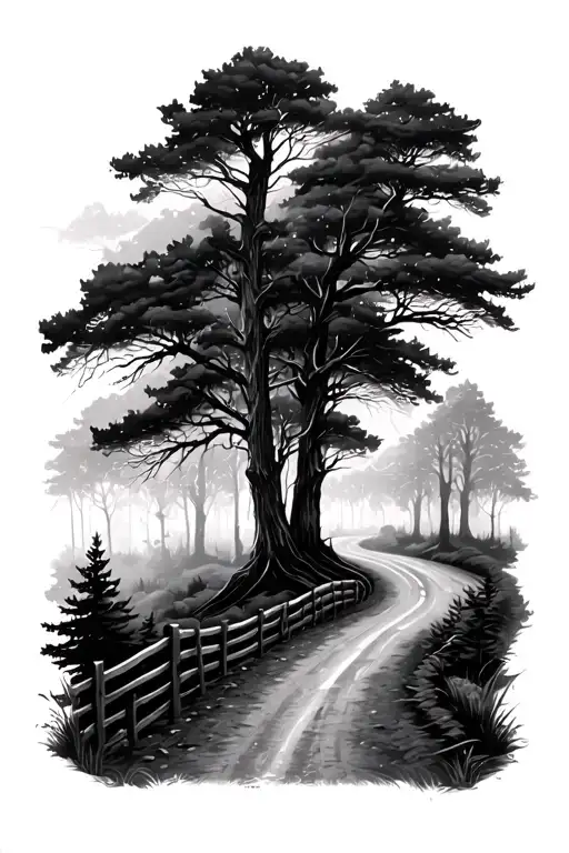 Forest road interception with mist and thunder storm tattoo design idea