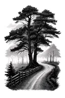 Forest road interception with mist and thunder storm tattoo design idea