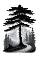 Forest road interception with mist and thunder storm tattoo design idea