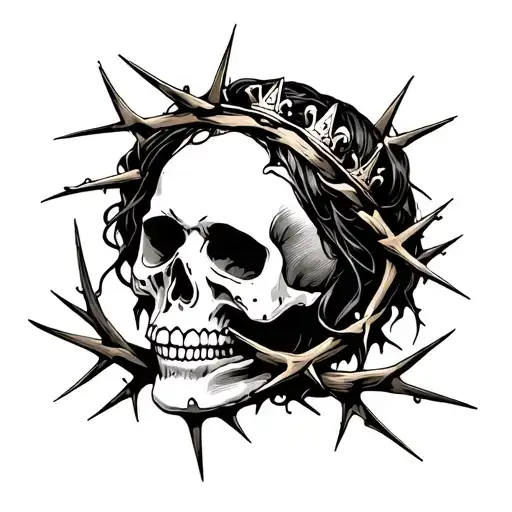 skull with a melting womans face surrounded by a crown of thorns tattoo design idea