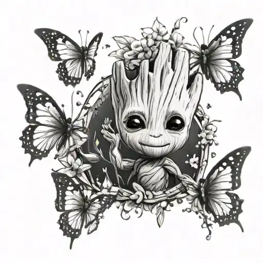 Baby Groot playing with butterflies surrounding tattoo design idea
