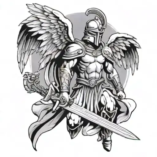 angel with wings, a Spartan helmet on his head and a cross-shaped sword held in front of him by both hands tattoo design idea
