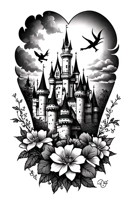 Disney thigh tattoo with Cinderella castle Peter Pan flying near the top of the castle. Flowers down the bottom left sid tattoo design idea