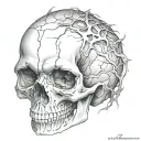  A skull consumed by shadows, with hollow eyes and jagged cracks tattoo design idea