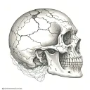  A skull consumed by shadows, with hollow eyes and jagged cracks tattoo design idea