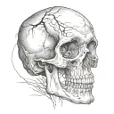  A skull consumed by shadows, with hollow eyes and jagged cracks tattoo design idea