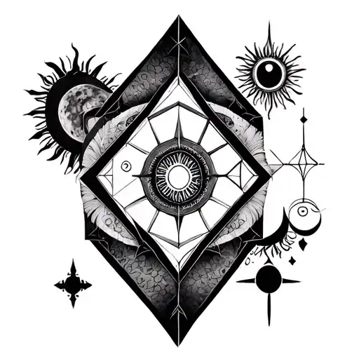 Alchemical geometry tattoo, a geometric diamond shape mandala, with the symbols for sun and moon integrated symmetricall tattoo design idea