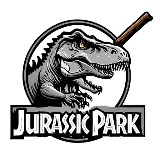 jurassic park t rex logo with the dinosaur holding a stick tattoo design idea