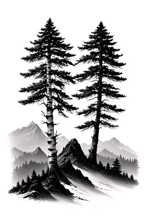 birch trees and mountains tattoo design idea