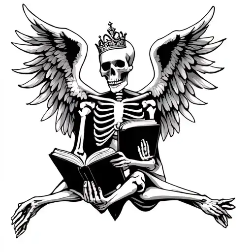 Skeleton tattoo, frontal view, head turned to the left, a book in his left hand, reading it, a crown in his right hand, angel wings tattoo design idea