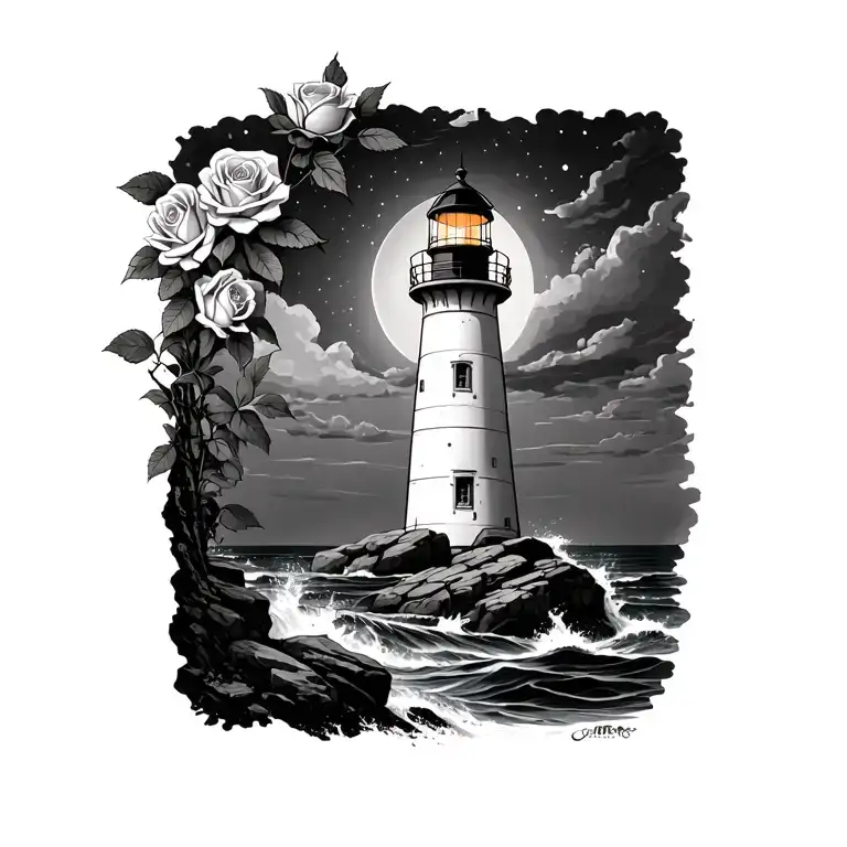 lighthouse at night roses climbing the side water crashing against rocks at the bottom light from lighthouse to the left tattoo design idea