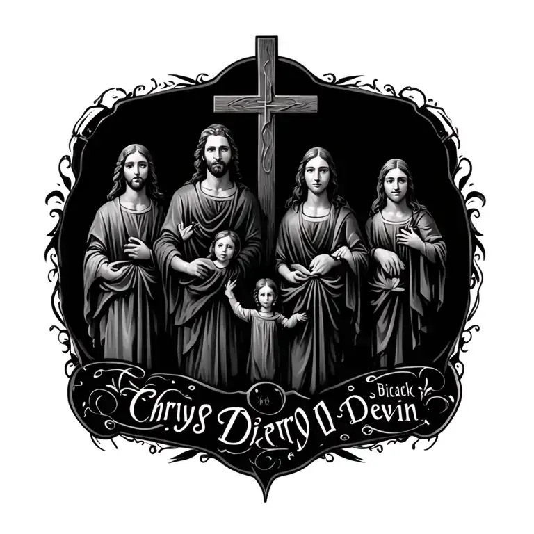 Family tattoo religious with family members names Chrys, Dierks, Declan, and Devin tattoo design idea