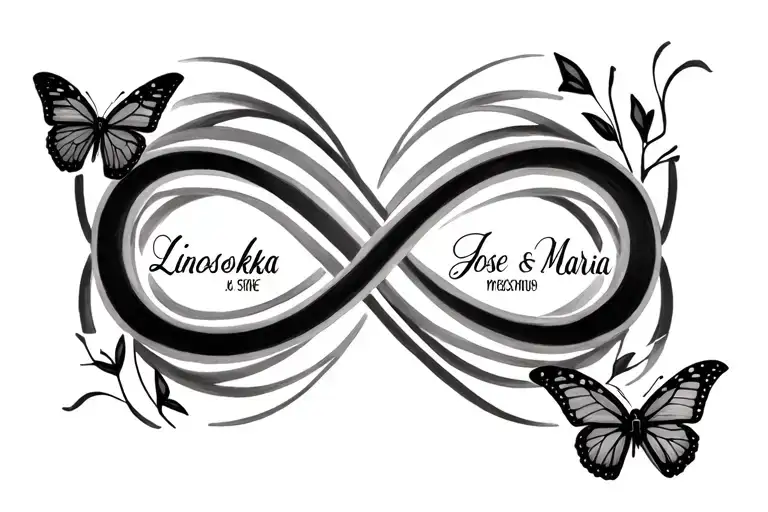 infinity symbol with the names Linoshka Jose and Maria in the lines with butterflies  tattoo design idea