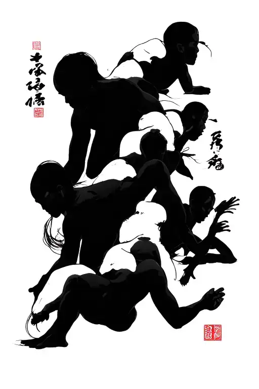 fine-line tattoo design in minimalist East Asian calligraphy style, featuring six human figures in action, each represen tattoo design idea