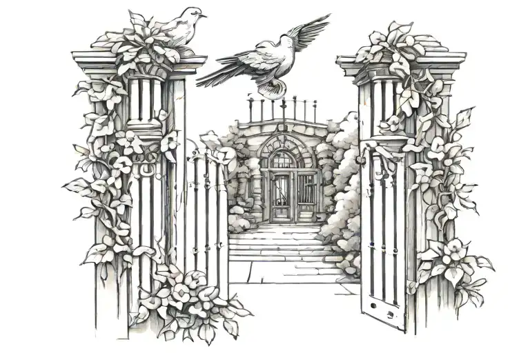 stair way open gates doves tattoo design idea