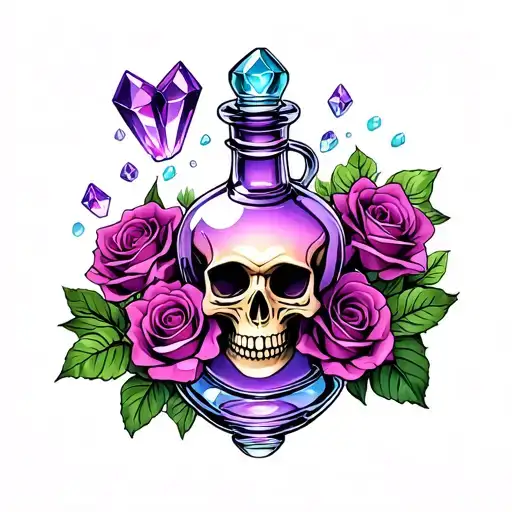 Skull poison bottle and Roses with amthyst crystals tattoo design idea