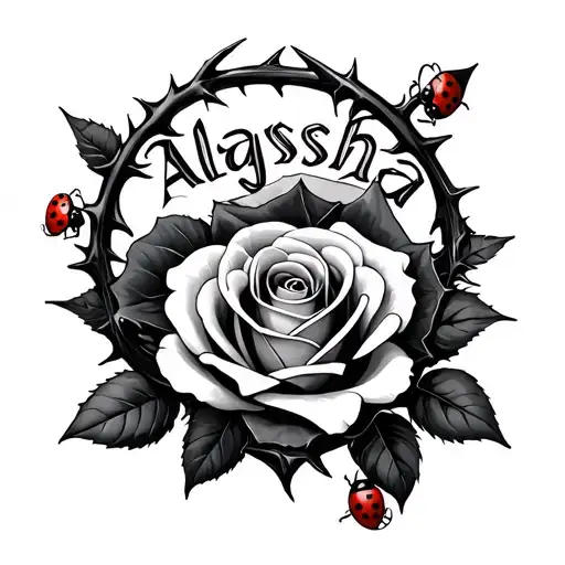 Roses with thorns surrounding the name Alaysha with ladybugs crawling on the roses tattoo design idea