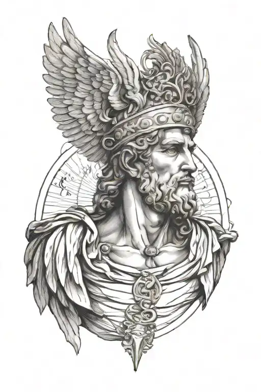 Hermes messenger god, winged crown, greek art, godly tattoo design idea