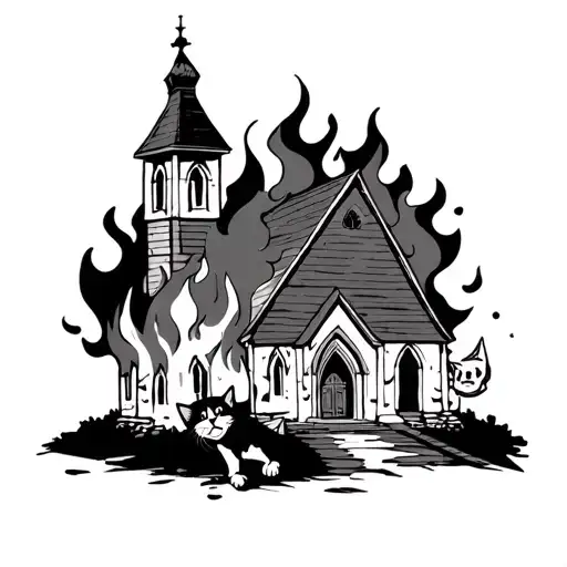 cartoon of a burning church with a cat laughing tattoo design idea