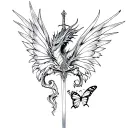Dragon and sword fine line tattoo with butterfly wings combined  tattoo design idea