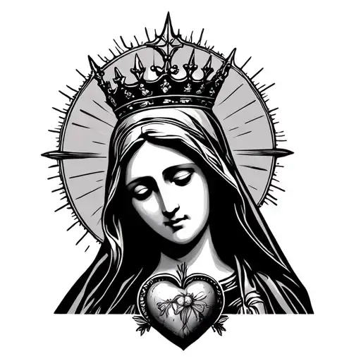 virgin mary with crown and sacred heart tattoo design idea
