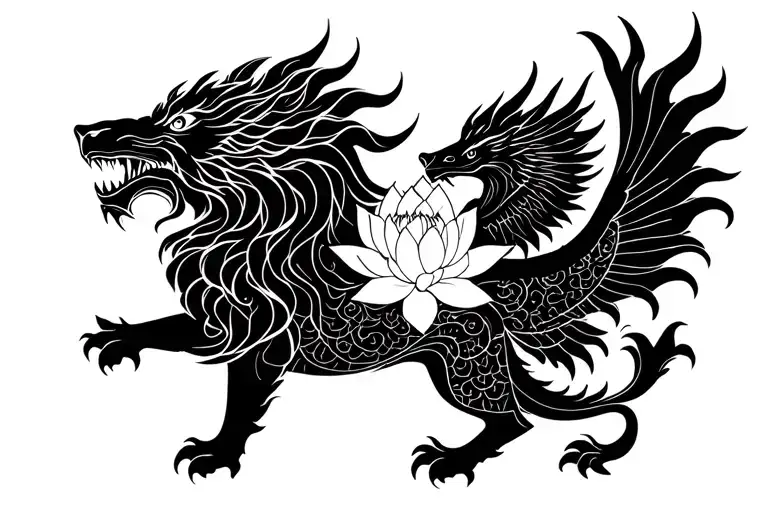 lotus flower lion dragon and phoenix rising  tattoo design idea
