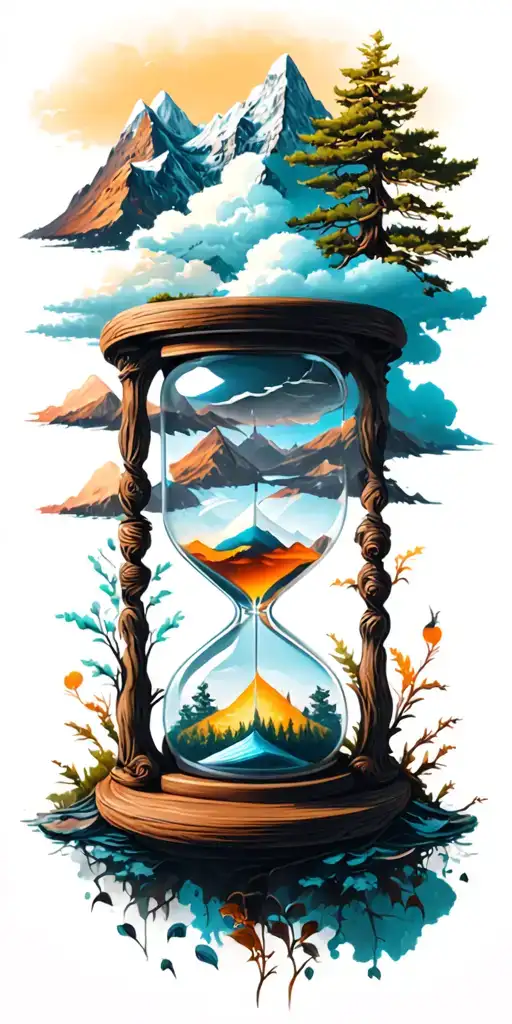 mountains, clouds, animals, hourglass , tree tattoo design idea