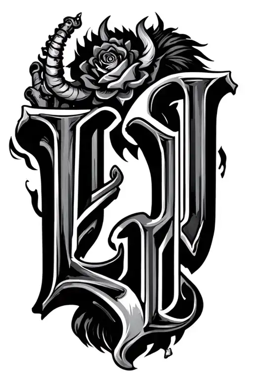 "LDJ" the letters LDG, L designed like a bong, D designed fancy, J designed like a demon tattoo design idea