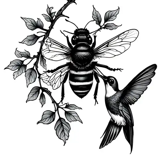 bee on a vine with hummingbird tattoo design idea