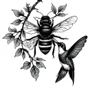 bee on a vine with hummingbird tattoo design idea