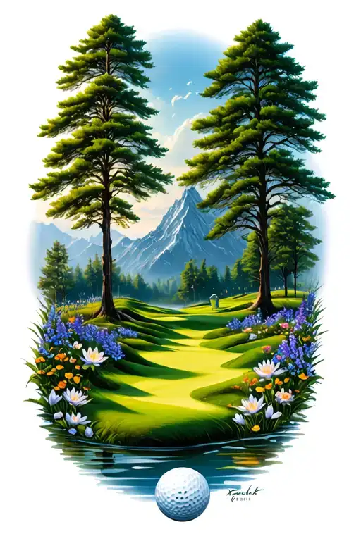 mystical golf course landscape with golf ball mountain flowers pine trees water lily larkspur tattoo design idea