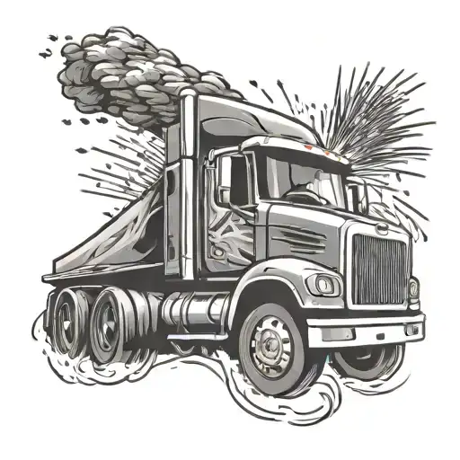 A trucker driving a money-themed truck surrounded by fireworks tattoo design idea