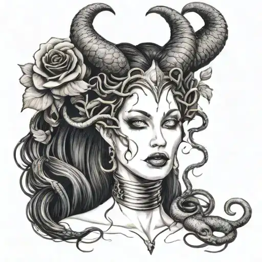 Medusa with snakes around her neck with maleficent horns and surrounded by roses tattoo design idea