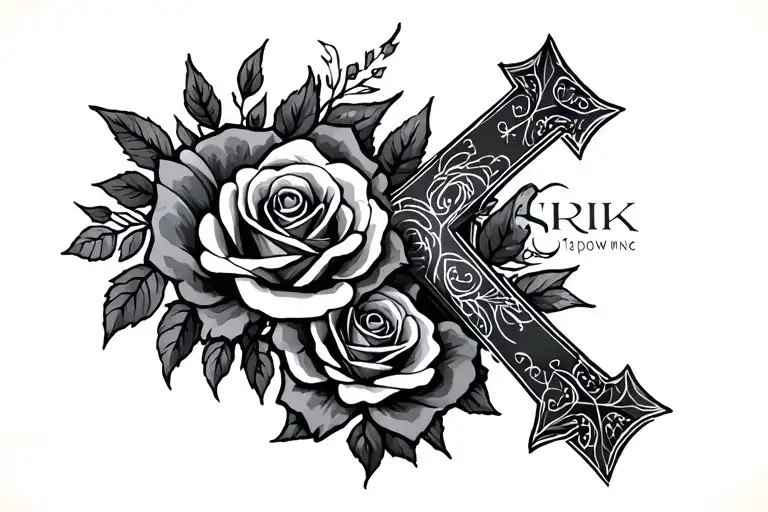 "shrik" memoral tattoo with a cross and roses  tattoo design idea