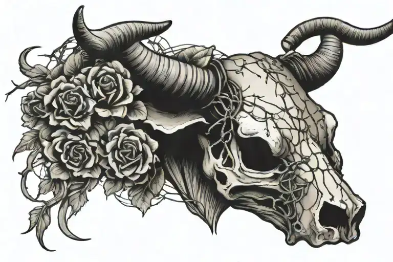 Steer Skull with barbed wire wrapped around horns with flowers inside the barbed wire tattoo design idea