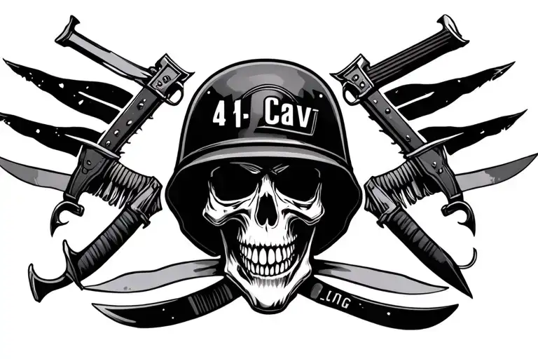 "4-1 Cav Long Knife" Skull wearing army helmet adorned tattoo design idea