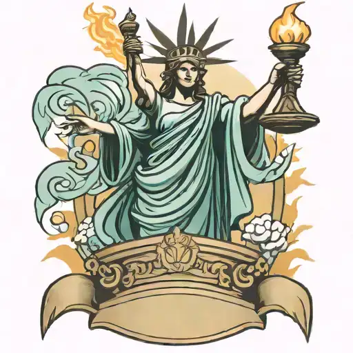 lady liberty with torch and sword standing on podium tattoo design idea