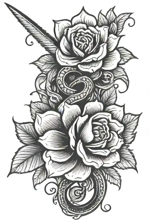 traditional flower with a knife running through the middle. red and black ink. with a snake wrapped around it tattoo design idea