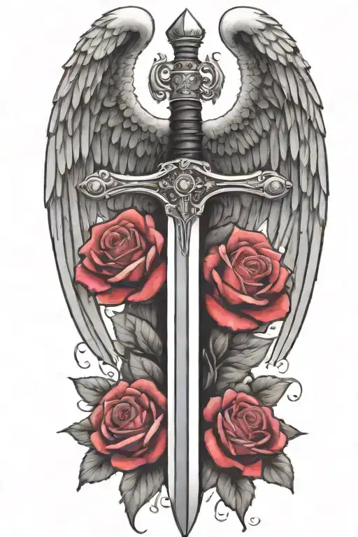 angel wings behind a sword, roses tattoo design idea