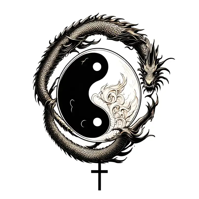 Yin-Yang Symbol with dragon as outer ring and overlay of Christian Cross tattoo design idea