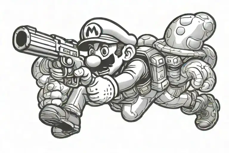 mario pointing gun to Mushroom tattoo design idea