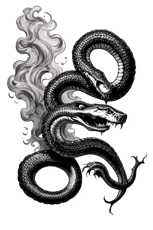 Full sleeve tattoo of a zombie snake surrounded by smoke coiled around an arm from the shoulder to the hand.  tattoo design idea