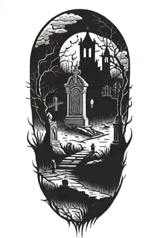 A hauntingly beautiful tattoo of a graveyard at night, with tombstones and eerie figures emerging from the shadows, incorporating elements of blood and gore tattoo design idea