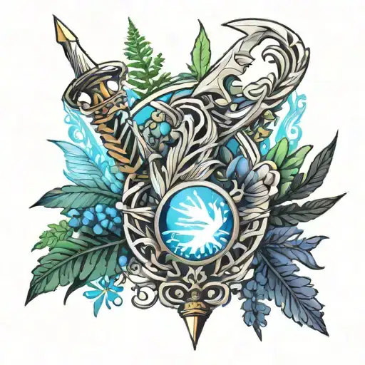 Ferns, dagger, and moonstone  tattoo design idea