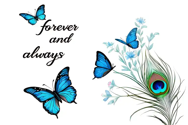 native Lilly ( a lot of flowers) with butterflies with one peacock feather and words saying forever and always  tattoo design idea