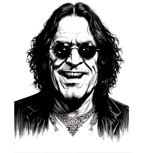 Ozzy Osbourne, evil smile, round glasses, king of darkness tattoo design idea