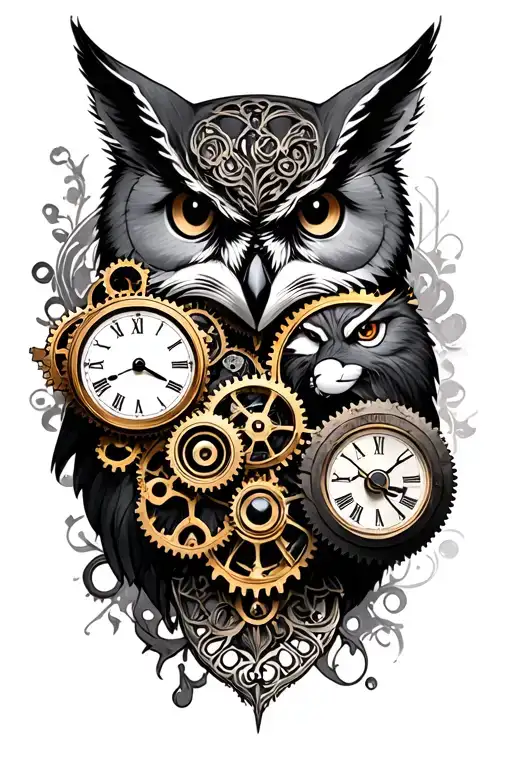 a steampunk style with gears, a clock, and filligree integrating an obscure owl and fox heads  tattoo design idea